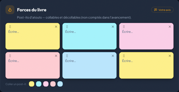 Capture de Concept, pitch et forces du livre dans BookPilot
