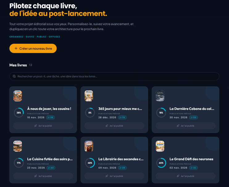 Bibliothèque de livres dans BookPilot avec leur progression
